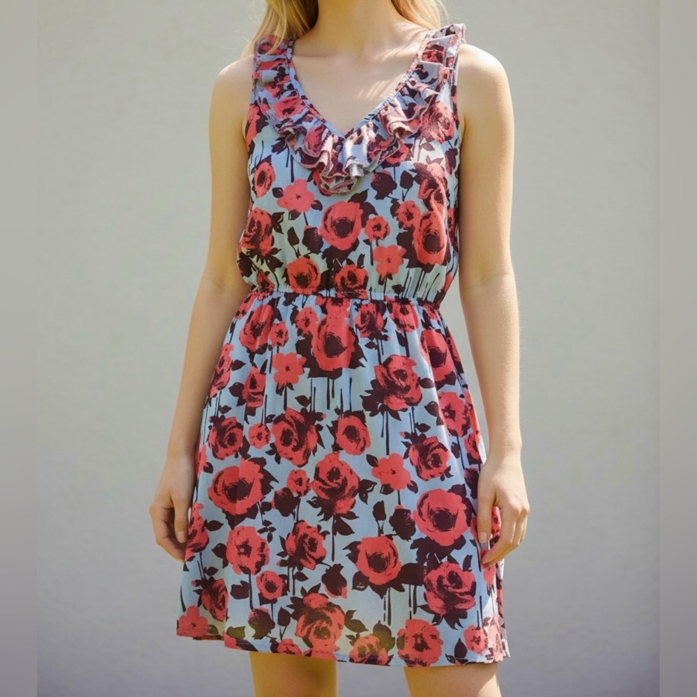 Vibrant Pink and Light Purple/Gray Floral Print Dress